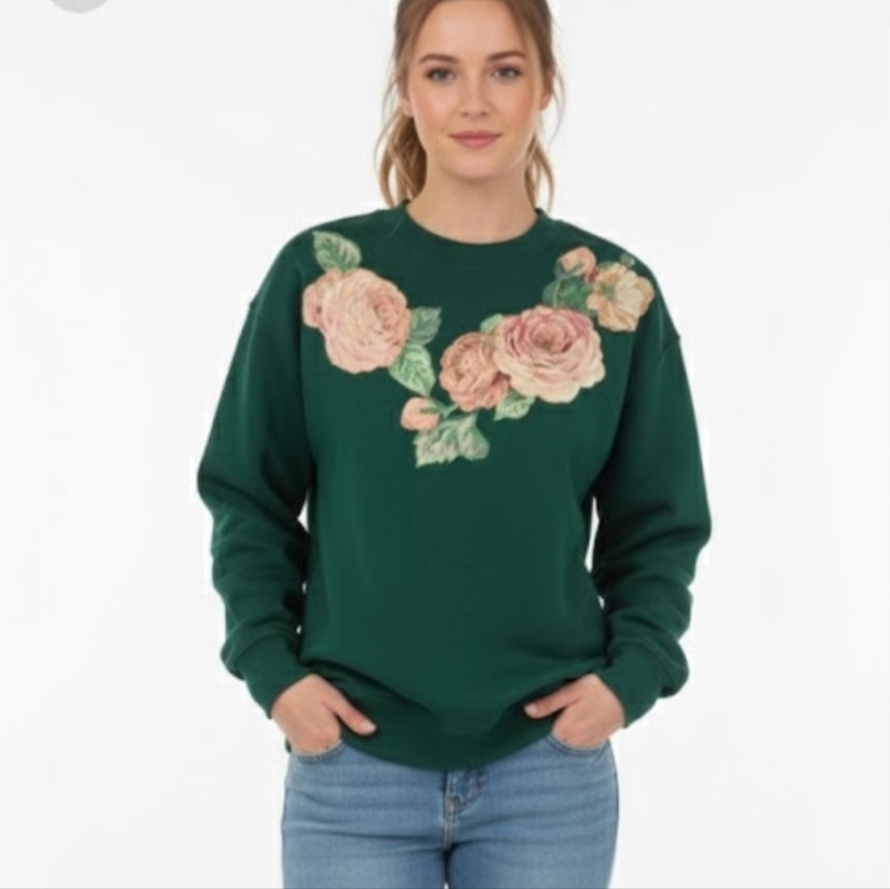 Vintage HANES Women's Dark Green Floral Pullover Sweatshirt Medium Warm Casualโ